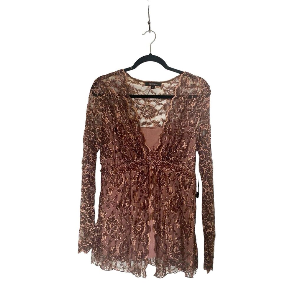 Karen Kane Rose Dream Top Embroidered Floral Lace Sz L Fairy Illusion Sleeve